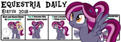 Size: 1000x350 | Tagged: safe, oc, oc only, oc:spotlight splash, oc:sweet velvet, pegasus, pony, equestria daily, banner, female, freckles, hiatus, mare, scrunchy face, simple background, transparent background, waifu