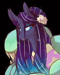 Size: 1600x2000 | Tagged: safe, artist:canisrettmajoris, oc, oc only, oc:bijou, changepony, hybrid, pony, worm, clothes, curved horn, digital art, dress, duo, eyeshadow, female, flower, flower in hair, gradient mane, horn, interspecies offspring, lidded eyes, makeup, mare, next generation, offspring, parent:nightmare rarity, parent:queen chrysalis, pet, tongue out