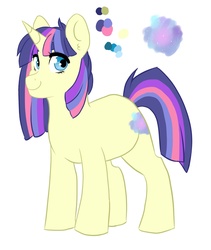 Size: 1600x1900 | Tagged: safe, artist:canisrettmajoris, oc, oc only, oc:starlight nebula, pony, unicorn, digital art, female, mare, multicolored hair, multicolored mane, multicolored tail, next generation, offspring, parent:comet tail, parent:twilight sparkle, parents:cometlight, reference sheet, simple background, smiling, solo, white background