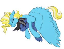 Size: 3500x2700 | Tagged: safe, artist:jykinturah, oc, oc only, oc:blue venture, oc:lunar skysong, pegasus, pony, fanfic:unity timeline, commission, duo, eyes closed, female, high res, mare, on side, simple background, sleeping, snuggling, spread wings, transparent background, wing blanket, wings