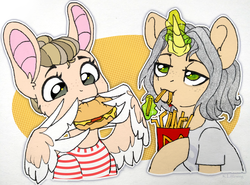Size: 3590x2653 | Tagged: safe, artist:trickate, oc, oc only, pegasus, pony, unicorn, big ears, burger, clothes, duo, eating, female, food, french fries, high res, lidded eyes, long ears, magic, mare, mcdonald's, shirt, wing hands