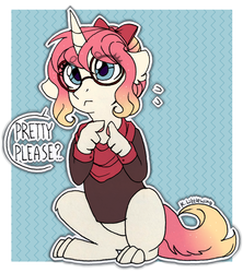 Size: 2200x2472 | Tagged: safe, artist:trickate, oc, oc only, pony, unicorn, abstract background, clothes, dialogue, female, glasses, high res, mare, paws, shirt, sitting, solo