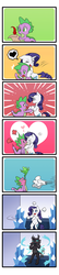 Size: 258x1200 | Tagged: safe, artist:xenosaga428, rarity, spike, thorax, changeling, dragon, pony, unicorn, g4, bisexual, blushing, comic, cute, disguise, disguised changeling, female, giving up the ghost, hug, implied gay, implied shipping, implied sparity, implied straight, kissing, male, mare, quill, scroll, ship:thoraxspike, shipping, solo, straight
