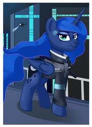 Size: 1535x2126 | Tagged: safe, artist:php97, princess luna, alicorn, android, pony, g4, clothes, connor, cosplay, costume, crossover, detroit: become human, female, folded wings, helicopter, jacket, lidded eyes, looking at you, mare, rk800, solo, wings