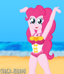 Size: 2784x3208 | Tagged: safe, artist:cyber-murph, pinkie pie, equestria girls, g4, my little pony equestria girls: better together, armpits, arms in the air, beach, clothes, cute, diapinkes, female, geode of sugar bombs, happy, high res, hips, legs, ocean, one-piece swimsuit, solo, swimsuit