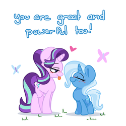 Size: 1500x1500 | Tagged: safe, artist:lou, starlight glimmer, trixie, butterfly, pony, unicorn, g4, blushing, female, great and powerful, heart, lesbian, ship:startrix, shipping, size difference, tongue out