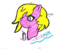 Size: 2664x2060 | Tagged: safe, artist:superdavid2011, oc, oc only, oc:sweetiemilk, pony, blue eyes, bottle, cutie mark, female, heart, high res, looking left, mare, pink fur, signature, smiling, solo, traditional art, yellow hair