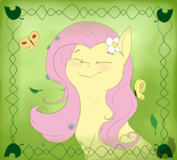 Size: 3871x3507 | Tagged: safe, artist:drutheredpanda, fluttershy, butterfly, pegasus, pony, g4, blushing, bust, cute, eyes closed, female, happy, high res, mare, portrait, shyabetes, smiling, solo