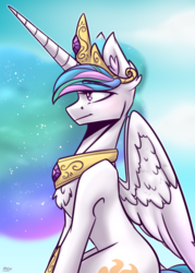Size: 2500x3500 | Tagged: safe, artist:lrusu, princess celestia, alicorn, pony, g4, alternate hairstyle, chest fluff, cloud, concave belly, ear fluff, female, fluffy, high res, horn, jewelry, long horn, mare, necklace, outdoors, pointed ears, side view, sitting, sky, slender, solo, sternocleidomastoid, thin, wings