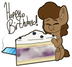 Size: 2029x1875 | Tagged: safe, artist:binkyt11, derpibooru exclusive, oc, oc only, oc:strong runner, pony, aweeg*, blueberry, blueberry cake (food), cake, candle, chibi, ear fluff, feralroku's birthday, food, happy birthday, male, scrunchy face, simple background, solo, stallion, transparent background
