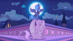 Size: 1024x576 | Tagged: safe, artist:stasysolitude, princess luna, alicorn, bat pony, gargoyle, animated, armor, card game, cute, falling, female, gif, guardsmare, hoof hold, male, mare, moon, night guard, pretty, royal guard, s1 luna, show accurate, sitting, spear, stallion, table, trio, weapon, youtube link