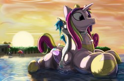 Size: 1280x836 | Tagged: safe, artist:milvusb, princess cadance, oc, oc only, alicorn, earth pony, inflatable pony, pony, g4, beach, deflating, deflation, floating, hissing, inflatable, inflatable toy, male, pool toy, popping, puncture, riding, solo, stallion, summer, sunset, this will end in tears, water