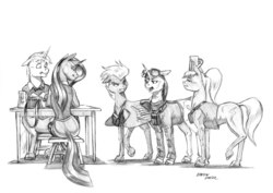 Size: 1500x1062 | Tagged: safe, artist:baron engel, oc, oc only, oc:bloodfeather, oc:phoenix, oc:purple marten, oc:quick silver, oc:trotter, pony, bowtie, grayscale, head carry, large wings, monochrome, mug, open mouth, pencil drawing, simple background, story in the source, traditional art, white background, wings