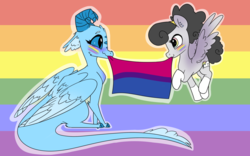 Size: 1280x798 | Tagged: safe, artist:roaert, oc, oc:primula, oc:puddle jumper, dragon, bisexual, bisexual pride flag, dragoness, female, gay pride flag, pride, pride month