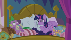 Size: 3840x2160 | Tagged: safe, artist:phucknuckl, spike, twilight sparkle, alicorn, pony, g4, bed, high res, inkscape, pillow, pmv, twilight sparkle (alicorn), twilight's bed, twilight's castle