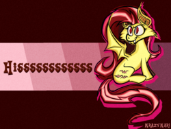 Size: 1280x960 | Tagged: safe, artist:krazykari, fluttershy, bat pony, pony, g4, abstract background, bat wings, fangs, female, flutterbat, hissing, race swap, red eyes, sitting, smiling, solo