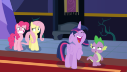 Size: 1920x1080 | Tagged: safe, artist:phucknuckl, fluttershy, pinkie pie, spike, twilight sparkle, alicorn, pony, g4, awkward smile, inkscape, laughing, pmv, smiling, twilight sparkle (alicorn), twilight's castle, vector, video at source