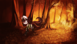 Size: 2000x1147 | Tagged: safe, artist:hagalazka, oc, oc only, oc:appleale, pony, fallout equestria, fallout, female, fire, forest, forest fire, mare, paint, running, solo