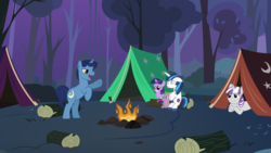 Size: 1920x1080 | Tagged: safe, artist:phucknuckl, night light, shining armor, spike, twilight sparkle, twilight velvet, pony, unicorn, g4, campfire, camping, family, female, male, mare, night, pmv, rearing, scary story, sparkle family, stallion, tent, video at source, younger