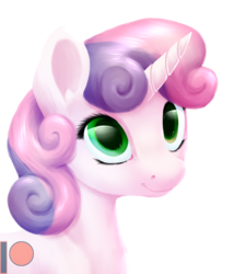 Size: 900x1049 | Tagged: safe, artist:thatonegib, sweetie belle, pony, unicorn, g4, bust, cute, female, filly, green eyes, horn, looking up, multicolored hair, patreon, patreon logo, simple background, smiling, transparent background