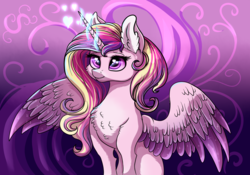 Size: 2122x1483 | Tagged: safe, artist:marbola, princess cadance, alicorn, pony, g4, chest fluff, ear fluff, female, glowing horn, heart, horn, magic, mare, solo