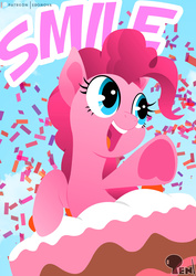Size: 3508x4961 | Tagged: safe, artist:edonovaillustrator, pinkie pie, earth pony, pony, g4, absurd resolution, cake, confetti, female, food, lineless, mare, open mouth, raised hoof, smiling, solo, text, underhoof