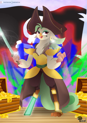 Size: 3508x4961 | Tagged: safe, artist:edonovaillustrator, captain celaeno, g4, my little pony: the movie, chest, female, flag, gold, gold coins, hat, jolly roger, lineless, looking at you, mole, pirate hat, solo, sword, treasure chest, weapon