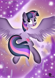 Size: 1600x2263 | Tagged: safe, artist:edonovaillustrator, twilight sparkle, alicorn, pony, g4, feather, female, lineless, looking at you, looking back, looking back at you, mare, rear view, smiling, solo, twilight sparkle (alicorn)