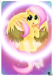 Size: 3508x4961 | Tagged: safe, artist:edonovaillustrator, fluttershy, butterfly, pegasus, pony, g4, bipedal, cute, female, lineless, looking at you, mare, open mouth, shyabetes, smiling, solo, spread wings, wings