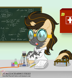 Size: 1736x1893 | Tagged: safe, artist:raspberrystudios, oc, oc only, pony, unicorn, broken horn, chalkboard, chibi, clothes, commission, goggles, horn, implied explosion, lab coat, laboratory, pencil, potion, potion making, potions, safety goggles, shocked, shocked expression, solo, test tube