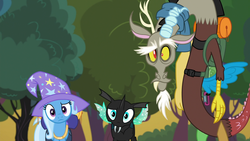 Size: 1280x720 | Tagged: safe, edit, edited screencap, screencap, discord, thorax, trixie, changeling, draconequus, pony, unicorn, g4, to where and back again, adoracreepy, creepy, cute, diatrixes, discute, female, female pov, implied starlight glimmer, looking at you, male, mare, offscreen character, pony eyes, pony eyes edit, pov, thorabetes, tree, trio