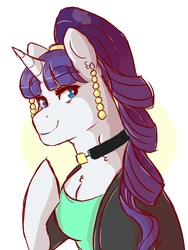 Size: 1200x1600 | Tagged: dead source, safe, artist:canisrettmajoris, rarity, pony, unicorn, semi-anthro, g4, alternate hairstyle, blackpink, clothes, digital art, ear piercing, female, looking at you, mare, piercing, raised hoof, simple background, smiling, solo, white background