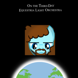Size: 1400x1400 | Tagged: safe, artist:grapefruitface1, oc, oc only, oc:electric light (jeff lynne pony), pegasus, pony, 70s, album cover, beard, black background, curly hair, earth, electric light orchestra, elo, equestria light orchestra, face, facial hair, glowing, jeff lynne, looking down, male, music, musician, parody, planet, ponified, ponified album cover, progressive rock, show accurate, simple background, solo, stallion