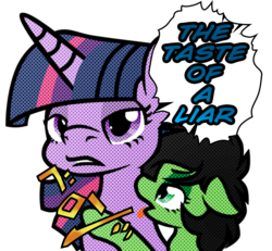 Size: 4970x4602 | Tagged: safe, artist:daku, derpibooru exclusive, twilight sparkle, oc, oc:filly anon, pony, g4, absurd resolution, ben-day dots, bust, cmyk dots, dialogue, exploitable, female, filly, floppy ears, jojo's bizarre adventure, licking, lidded eyes, modern art, nervous, open mouth, parody, ponified, pop art, portrait, simple background, text, the taste of a liar, tongue out, transparent background, vento aureo