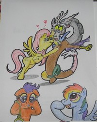 Size: 571x713 | Tagged: safe, artist:hillbe, discord, fluttershy, rainbow dash, scootaloo, g4, female, heart, male, ship:discoshy, shipping, straight, traditional art