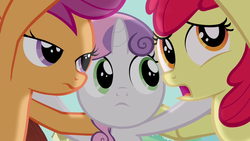 Size: 1280x720 | Tagged: safe, screencap, apple bloom, scootaloo, sweetie belle, g4, twilight time, cutie mark crusaders, huddle, open mouth, talking