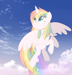 Size: 630x652 | Tagged: safe, artist:owlity, oc, oc only, oc:sweet dreams, alicorn, pony, cloud, flying, rainbow, sky, solo