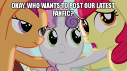 Size: 800x450 | Tagged: safe, edit, edited screencap, screencap, apple bloom, scootaloo, sweetie belle, g4, twilight time, cutie mark crusaders, huddle, image macro, implied fanfiction, meme, open mouth, talking