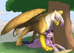 Size: 1280x918 | Tagged: safe, artist:backlash91, gilda, twilight sparkle, alicorn, griffon, pony, g4, blushing, book, cloud, duo, duo female, female, floppy ears, fluffy, grass, lesbian, looking at each other, looming over, lying down, mare, mountain, muscles, open mouth, reading, rippda, shipping, size difference, sky, spread wings, standing, teasing, this will end in snu snu, tree, twilda, twilight sparkle (alicorn), wings
