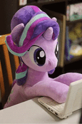 Size: 200x300 | Tagged: safe, alternate version, artist:nekokevin, starlight glimmer, pony, unicorn, series:nekokevin's glimmy, g4, animated, chair, computer, cute, desk, female, gif, glimmerbetes, irl, laptop computer, life size, mare, photo, plushie, smiling, solo, stop motion, typing