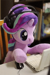 Size: 200x300 | Tagged: safe, alternate version, artist:nekokevin, starlight glimmer, pony, unicorn, series:nekokevin's glimmy, g4, animated, chair, computer, computer mouse, cute, female, gif, glimmerbetes, headphones, irl, laptop computer, looking down, mare, multicolored mane, photo, plushie, shaking, smiling, solo, stop motion