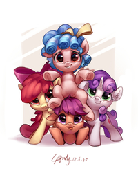 Size: 1450x1815 | Tagged: safe, artist:luciferamon, apple bloom, cozy glow, scootaloo, sweetie belle, earth pony, pegasus, pony, unicorn, g4, marks for effort, a better ending for cozy, adorabloom, cheek squish, cozy glow riding scootaloo, cozybetes, cozylove, cute, cutealoo, cutie mark, cutie mark crusaders, diasweetes, female, filly, foal, frog (hoof), group, looking at you, misleading thumbnail, ponies riding ponies, quartet, riding, smiling, squishy cheeks, the cmc's cutie marks, tongue out, underhoof