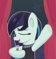 Size: 1024x1080 | Tagged: safe, artist:comfydove, coloratura, earth pony, pony, g4, clothes, eyes closed, female, grabbing, mare, microphone, open mouth, raised hoof, singing, smiling, solo, stage