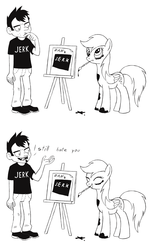 Size: 870x1400 | Tagged: safe, artist:sigmatura, derpy hooves, human, pegasus, pony, g4, comic, crossover, dan, dan vs, drawing, duo, easel, monochrome, paintbrush