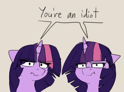 Size: 2128x1573 | Tagged: safe, artist:duop-qoub, twilight sparkle, alicorn, pony, descended twilight, g4, angry, chest fluff, disgusted, duo, female, floppy ears, looking at you, mare, scrunchy face, self ponidox, text, twilight sparkle (alicorn), twilight sparkle is not amused, unamused, wavy mouth