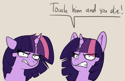 Size: 2097x1370 | Tagged: safe, artist:duop-qoub, twilight sparkle, alicorn, pony, descended twilight, g4, angry, chest fluff, duo, female, floppy ears, gritted teeth, looking at you, mare, self ponidox, shrunken pupils, text, twilight sparkle (alicorn)