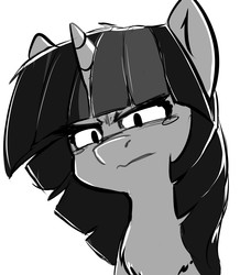 Size: 1749x1914 | Tagged: safe, artist:duop-qoub, twilight sparkle, alicorn, pony, descended twilight, g4, angry, chest fluff, female, looking at you, looking down, mare, monochrome, sad, solo, teary eyes, twilight sparkle (alicorn), wavy mouth