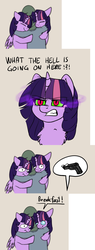 Size: 1736x4592 | Tagged: safe, artist:duop-qoub, twilight sparkle, oc, oc:anon, alicorn, changeling, pony, descended twilight, g4, :|, angry, breakfast, chest fluff, dark magic, disguise, disguised changeling, female, floppy ears, gritted teeth, gun, handgun, hug, looking at you, magic, mare, multeity, open mouth, pictogram, pistol, pointing, raised hoof, self ponidox, slit pupils, sombra eyes, text, triality, twilight sparkle (alicorn), wavy mouth