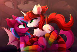 Size: 3534x2396 | Tagged: safe, artist:magnaluna, oc, oc only, oc:spanking shade, bat pony, pony, unicorn, bat pony oc, clothes, commission, digital art, eye contact, female, high res, lesbian, looking at each other, mare, paws, rainbow socks, socks, striped socks, ych result, zoom layer