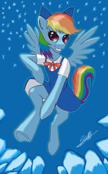 Size: 945x1522 | Tagged: safe, artist:sigmatura, rainbow dash, pegasus, pony, semi-anthro, g4, bow, cirno, clothes, crossover, dress, female, flying, grin, hair bow, mare, rainbow dash always dresses in style, smiling, solo, touhou